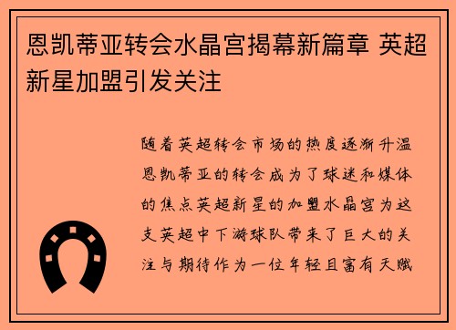 恩凯蒂亚转会水晶宫揭幕新篇章 英超新星加盟引发关注 恩凯蒂亚转会水晶宫揭幕新篇章 英超新星加盟引发关注