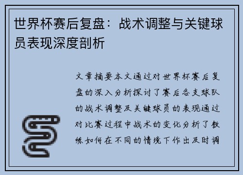 世界杯赛后复盘：战术调整与关键球员表现深度剖析
