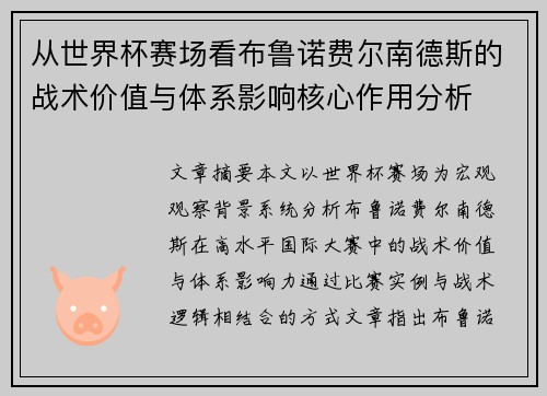 从世界杯赛场看布鲁诺费尔南德斯的战术价值与体系影响核心作用分析